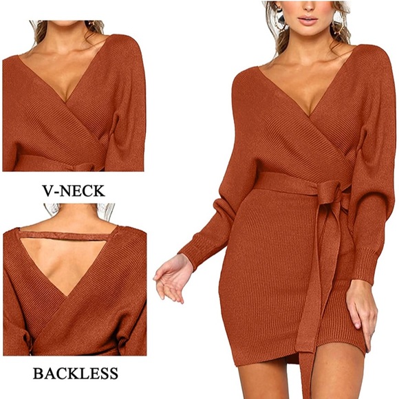 Women's V Neck Sweater Dress Long Sleeve Backless Bodycon Dress w/Belt - Picture 4 of 10